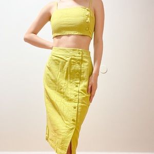 Chartreuse matching top and skirt with button detail